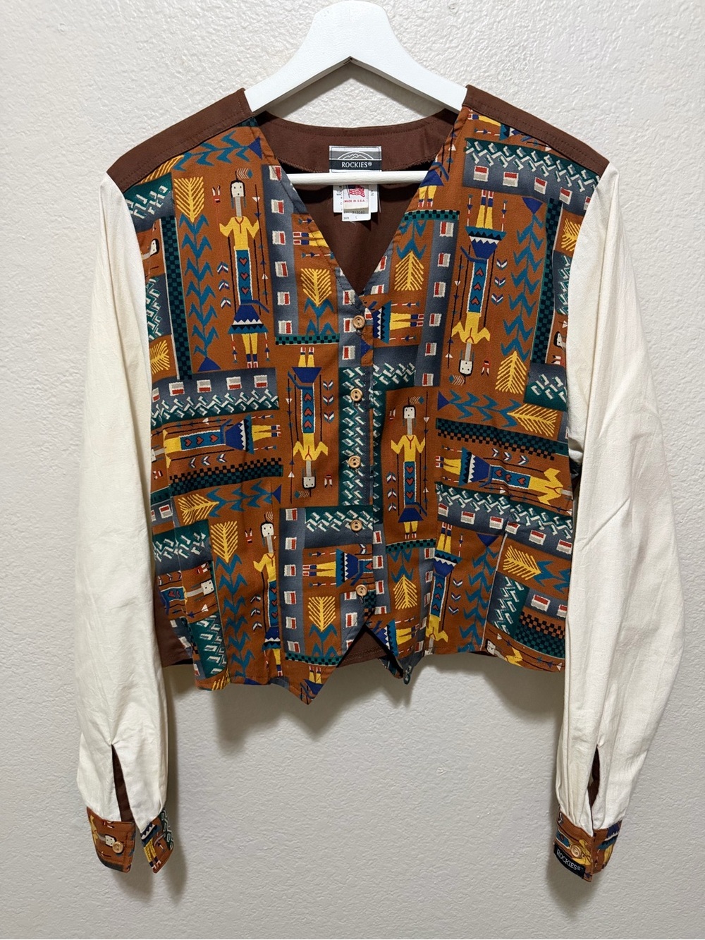 Vintage Rockies Western Southwestern Print Tie Back Shirt Blouse Large